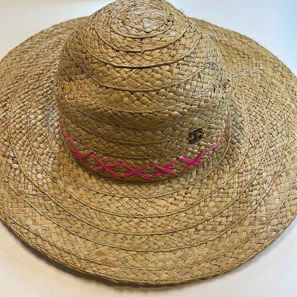 John Callanan Tan Raffia Sunhat w/ Fuchsia Contrast Stitching, NWT!